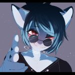  anthro blue_body blue_hair blush clothed clothing derio_(kakhao) eyewear fish gesture glasses hair hi_res kakhao male marine one_eye_closed pointing pointing_at_viewer red_eyes shark simple_background solo 