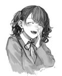  1girl blush closed_eyes commentary_request fangs fukumaru_koito greyscale hand_on_own_cheek hand_on_own_face hand_up highres idolmaster idolmaster_shiny_colors jacket laughing long_sleeves medium_hair monochrome open_mouth ribbon smile solo teeth twintails umeume332 upper_body wavy_hair white_background wing_collar 