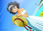 1girl artist_name bare_shoulders black_hair blue_eyes collarbone dated detached_sleeves dress dutch_angle flower frilled_hairband frills hairband hat hat_ribbon holding holding_clothes holding_hat lighthouse looking_at_viewer ocean original outdoors protonozawa red_ribbon ribbon short_hair sky smile solo sun_hat sundress water 