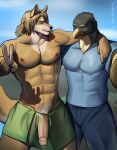  absurd_res avian canid canine clothed clothing flaccid franubis genitals hi_res male mammal muscular muscular_male penis public 