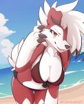  anthro beach bent_over bikini breasts cleavage clothed clothing eyelashes fangs female fur generation_7_pokemon hair looking_at_viewer lycanroc midnight_lycanroc narrowed_eyes nintendo one_eye_obstructed open_mouth pokemon pokemon_(species) seaside solo swimwear teeth yorusagi 
