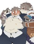  absurd_res anthro belly blue_eyes blush canid canine canis clothing domestic_dog duo embarrassed eyebrows fur grey_body grey_fur hair hair_over_eye hi_res lifewonders male male/male mammal moritaka musclegut navel one_eye_obstructed pecs quanjiang scar school_uniform shino_(housamo) simple_background tearing_clothing thick_eyebrows tokyo_afterschool_summoners torn_clothing uniform white_background 