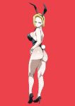  android_18 animal_ears ass breasts dragon_ball fishnets from_behind high_heels highres ika_daishougun large_breasts playboy_bunny rabbit_ears red_background sideboob 