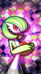  1girl ame_(metorui) bob_cut colored_skin commentary_request flat_chest gardevoir green_hair green_skin hair_over_one_eye hands_up highres looking_at_viewer multicolored_skin one_eye_covered own_hands_together partial_commentary pink_background pokemon pokemon_(creature) red_eyes short_hair solo standing two-tone_skin upper_body white_skin 