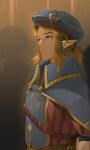  1boy blue_eyes blue_headwear brown_background closed_mouth earrings from_side hair_ornament hat highres jewelry lavabun link long_sleeves male_focus pointy_ears ponytail royal_guard_set_(zelda) solo the_legend_of_zelda the_legend_of_zelda:_breath_of_the_wild triforce triforce_print 