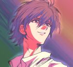  1boy collared_shirt green_background grey_hair highres male_focus multicolored_background my_nameisyoon nagisa_kaworu neon_genesis_evangelion parted_lips portrait purple_background red_background red_eyes shirt short_hair smile solo white_shirt 