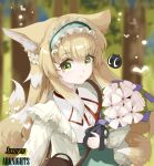  1girl adelaide_(user_teuz4733) animal_ear_fluff animal_ears arknights bag blonde_hair blurry blurry_background bouquet brown_bag cardigan chinese_commentary closed_mouth colored_tips commentary_request crossover depth_of_field forest fox_ears fox_girl fox_tail frilled_hairband frills green_eyes green_hairband hairband heixiu highres holding holding_bouquet kitsune kyuubi long_hair luo_xiaohei_zhanji multicolored_hair multiple_tails nature neck_ribbon official_alternate_costume open_cardigan open_clothes outdoors red_ribbon ribbon shirt shoulder_bag smile solo suzuran_(arknights) suzuran_(spring_praise)_(arknights) tail two-tone_hair upper_body white_hair white_shirt yellow_cardigan 