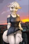  airinne anthro bottomless bottomless_female city city_background clothed clothing detailed_background dragon female fur furred_dragon genitals hi_res ishiru pussy solo white_body white_fur yellow_eyes 