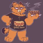  2023 alkyuz anthro arrow_sign bottomwear chest_tuft clothing colored_line_art cutoffs denim denim_clothing digital_drawing_(artwork) digital_media_(artwork) eye_bags food fur garfield_(series) garfield_the_cat hi_res holding_plate lasagna lidded_eyes male markings narrowed_eyes orange_body orange_fur pasta pink_nose scratching scratching_butt shaded shirt shorts shoulderless_shirt signature simple_background simple_shading slightly_chubby slightly_chubby_male solo steam striped_markings stripes t-shirt text text_on_clothing tired tired_eyes topwear tuft whiskers 