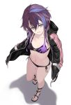  1girl bikini black_bikini black_footwear black_hair collarbone hair_bobbles hair_ornament hakuleg highres hood hooded_jacket jacket jolda_(kuro_no_kiseki) kuro_no_kiseki_ii leg_tattoo looking_at_viewer multicolored_hair navel open_clothes open_jacket parted_lips purple_bikini purple_eyes purple_hair sandals side-tie_bikini_bottom simple_background solo streaked_hair swimsuit tattoo white_background 