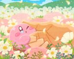  1other blue_eyes blush_stickers disembodied_limb field flower flower_field grass kirby kirby_(series) miclot one_eye_closed open_mouth pink_footwear shoes squishing white_flower 