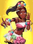  1girl bare_shoulders brown_hair crop_top dark-skinned_female dark_skin fire_emblem fire_emblem_engage hair_ornament highres kyata_game looking_at_viewer midriff navel open_mouth pointing ponytail skirt solo star-shaped_pupils star_(symbol) symbol-shaped_pupils teeth timerra_(fire_emblem) upper_teeth_only yellow_background 