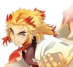  1boy blonde_hair bright_pupils closed_mouth colored_tips demon_slayer_uniform flame_print highres kimetsu_no_yaiba looking_at_viewer male_focus multicolored_hair myukom orange_eyes outstretched_hand red_eyes red_hair rengoku_kyoujurou solo thick_eyebrows white_background white_pupils 