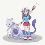  1girl amulet_coin arm_up black_wristband brown_eyes brown_hair bucket_hat commentary_request hair_flaps hat highres holding leaf_(pokemon) long_hair loose_socks mewtwo open_mouth pleated_skirt pokemon pokemon_(creature) pokemon_(game) pokemon_frlg shiogi_(riza_49) shirt shoes skirt sleeveless sleeveless_shirt socks twitter_username vs_seeker watermark white_background white_footwear white_headwear wristband 