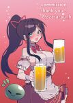  1girl alcohol apron azatarou_h beer beer_mug bow breasts brown_skirt commission cup detached_sleeeves green_eyes hair_ornament hair_ribbon halter_shirt halterneck high-waist_skirt holding holding_cup looking_to_the_side medium_breasts miori_celesta miori_celesta_(4th_costume) mogu_(miori_celesta) mug musical_note musical_note_hair_ornament ponytail red_bow red_hair ribbon short_sleeves skeb_commission skirt smile solo treble_clef tsunderia twitter_username virtual_youtuber wrist_cuffs 