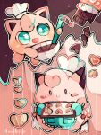  animal_focus apron artist_name baking_sheet blue_eyes brown_background candy chef_hat chocolate chocolate_bar clefairy clothed_pokemon colored_skin commentary_request cookie food hanabusaoekaki hat heart highres jigglypuff no_humans pink_background pink_skin pokemon pokemon_(creature) smile solid_oval_eyes stirring 