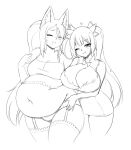  &lt;3 accessory animal_humanoid belly big_belly big_breasts bow_tie breasts cakecatboy canid canid_humanoid canine canine_humanoid cleavage clothed clothing duo eyes_closed female fox_humanoid hair hair_accessory hi_res huge_breasts human humanoid looking_at_viewer mammal mammal_humanoid monochrome navel one_eye_closed open_mouth overweight overweight_female overweight_humanoid simple_background smile standing thick_thighs unknown_character wide_hips wink 