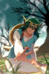  1boy bare_tree belt belt_buckle blue_eyes blue_gemstone blurry blurry_background buckle collarbone commentary_request crying dragon_quest dragon_quest_iv earrings echo_(circa) gem green_hair green_tunic headpiece hero_(dq4) jewelry kneeling long_sleeves medium_hair outdoors outstretched_hand parted_lips shield shield_on_back shirt shoulder_belt sword teardrop tears tree weapon weapon_on_back white_shirt 
