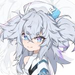  1girl absurdres blue_eyes closed_mouth commentary florence_(girls&#039;_frontline_nc) girls&#039;_frontline girls&#039;_frontline_neural_cloud grey_hair heart heart-shaped_pupils highres looking_at_viewer medium_hair messy_hair nurse pa-15_(girls&#039;_frontline) pakua short_eyebrows single_bare_shoulder smile solo symbol-shaped_pupils touhou upper_body zoom_layer 