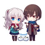  1boy 1girl aqua_jacket black_thighhighs blue_eyes blue_scarf blue_skirt blush boots bowl brown_coat brown_eyes brown_footwear brown_hair casual charlotte_(anime) chibi chopsticks closed_mouth coat commentary_request crossed_bangs eating food frown grey_hair hair_between_eyes half_updo holding holding_bowl holding_chopsticks jacket jitome kousetsu long_hair looking_at_another miniskirt mochi mochi_trail open_mouth otosaka_yuu red_scarf scarf short_hair short_ponytail signature simple_background skirt smile snow_rabbit sweatdrop thighhighs tomori_nao v-shaped_eyebrows wavy_hair white_background winter_clothes zettai_ryouiki 