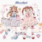  2girls :o angel_print angel_wings artist_name bag bandaged_leg bandages bloomers blue_bow blue_bowtie blue_dress blue_footwear blue_ribbon blunt_bangs blush_stickers bow bow_choker bow_legwear bowtie braid brown_eyes brown_hair butterfly_net center_frills choker cloud collared_shirt crescent_print cross-laced_clothes cross-laced_dress cross-laced_top cross_print dress english_text eyelashes eyeshadow floral_print flower footwear_bow frilled_choker frilled_dress frilled_hat frilled_shirt_collar frills full_body hair_bow hair_ornament hand_net hand_up hat heart heart_hair_ornament heart_print highres holding holding_butterfly_net holding_pillow holding_star lace-trimmed_dress lace_trim leg_ribbon lolita_fashion long_hair long_sleeves looking_at_viewer makeup mary_janes multiple_girls multiple_hair_bows nail_polish notice_lines nurse_cap one_eye_closed open_mouth original petticoat pill_bottle pillow pink_bag pink_bow pink_bowtie pink_dress pink_flower pink_ribbon pink_rose polka_dot_bag pom_pom_(clothes) puffy_long_sleeves puffy_sleeves putong_xiao_gou rabbit red_eyeshadow red_footwear red_lips red_nails ribbon ribbon_legwear rose rose_print shirt shoes shoulder_bag single_sidelock sleeve_bow sleeveless sleeveless_dress socks star_(symbol) star_print striped tote_bag twin_braids twintails vertical_stripes waist_bow wavy_mouth white_background white_bag white_bloomers white_bow white_choker white_headdress white_headwear white_leg_warmers white_shirt white_socks white_wings wing_hair_ornament winged_legs wings 