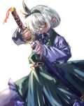  1girl ascot belt black_ascot black_hairband closed_mouth collared_shirt commentary_request green_eyes green_skirt grey_hair hairband highres holding holding_sword holding_weapon isagi katana konpaku_youmu long_sleeves sheath shirt short_hair simple_background skirt solo sword touhou unsheathing weapon white_background white_shirt 