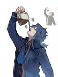  1boy absurdres ascot black_shirt blue_ascot blue_coat blue_gemstone blue_hair brooch chesed_(project_moon) coat coffee coffee_pot collared_coat collared_shirt drinking gem highres holding_jug jewelry jjim library_of_ruina long_hair long_sleeves low_ponytail male_focus open_mouth parted_bangs project_moon shirt simple_background solo upper_body white_background 