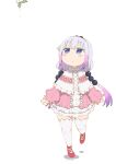  1girl beads blue_eyes blush bug capelet dress expressionless full_body gradient_hair grey_hair hair_beads hair_ornament hairband highres kanna_kamui kobayashi-san_chi_no_maidragon long_hair long_sleeves looking_up low_twintails multicolored_hair pink_dress praying_mantis purple_hair samansa_ex short_dress simple_background solo thighhighs twintails two-tone_dress white_background white_dress white_thighhighs zettai_ryouiki 