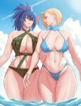  2girls abs anagumasan bikini bird blonde_hair blue_eyes blue_hair breasts cammy_white cloud cloudy_sky cross-laced_clothes earrings highres jewelry large_breasts legs leona_heidern multiple_girls muscular muscular_female navel o-ring o-ring_bottom o-ring_panties ocean panties ponytail scar scar_on_face short_hair sky street_fighter suspenders sweatdrop swimsuit the_king_of_fighters thighhighs underwear water 