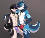  anthro azucaster bdsm blush bodily_fluids bondage bootywithabolt bottomwear bound bulge canid canine canis chain chained chained_together clothed clothing collar duo fur hair hi_res male male/male mammal simple_background smile topless topless_anthro topless_male 
