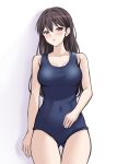  1girl arm_at_side bang_dream! bare_arms bare_shoulders black_hair blue_one-piece_swimsuit blush breasts collarbone commentary_request covered_navel cowboy_shot hair_behind_ear hair_between_eyes hand_on_own_stomach highres large_breasts long_hair looking_at_viewer mole mole_under_eye one-piece_swimsuit parted_lips ptal purple_eyes school_swimsuit shadow shina_taki simple_background solo standing swimsuit white_background 