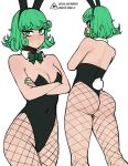  1girl animal_ears back bow bowtie breasts detached_collar donburi_(donburikazoku) fake_animal_ears fake_tail fishnet_pantyhose fishnets green_bow green_bowtie green_eyes green_hair green_nails highres looking_at_viewer multiple_views one-punch_man pantyhose playboy_bunny rabbit_tail simple_background small_breasts tail tatsumaki white_background 