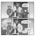  absurd_res aldrich_haynes_(thepurp) angry annoyed anthro blake_(thepurp) bottomless bottomless_male bow_tie canid canine canis clothed clothing comic cuffs_(clothing) dialogue dobermann domestic_dog felid gloves greyscale group handwear hi_res hudson_(thepurp) larger_male lion male mammal mane mature_male monochrome muscular muscular_male necktie nervous pantherine pinscher procyonid raccoon sex_toy shirt size_difference smaller_male smile thepurp topwear trio vibrator wand_vibrator 