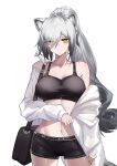  1girl animal_ears arknights bag bare_shoulders black_shorts black_sports_bra breasts cat_ears cat_girl cowboy_shot grey_hair hair_between_eyes highres jacket large_breasts long_hair navel off_shoulder open_clothes open_jacket ponytail schwarz_(arknights) shorts shoulder_bag simple_background solo sports_bra stomach thighs very_long_hair white_background white_jacket yellow_eyes yunlingluo 