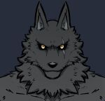  amber_eyes angry animal_humanoid anthro canid canid_humanoid canine canine_humanoid canis dynogreeno fur furrowed_brow grey_body grey_fur hi_res humanoid male mammal mammal_humanoid messy_fur scar simple_background solo wolf wolf_humanoid 