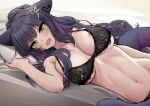  1girl :d animal_ears arknights bare_arms bare_shoulders black_bra black_hair bra breasts cat_ears cleavage commentary green_eyes highres jessica_(arknights) k0ng large_breasts long_hair looking_at_viewer lying navel on_side open_mouth smile solo stomach underwear underwear_only upper_body 