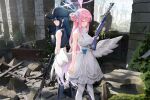  2girls angel_wings assault_rifle black_hair black_headwear blue_archive breasts cirilla_lin closed_eyes dress gun halo holding holding_gun holding_weapon lanchester_smg large_breasts long_hair mika_(blue_archive) multiple_girls outdoors pantyhose pink_hair rifle ruins saori_(blue_archive) sig_516 sleeveless sleeveless_dress standing submachine_gun weapon white_dress white_pantyhose white_wings wings 