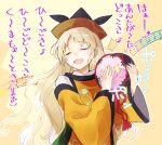  1girl blonde_hair closed_eyes commentary_request drum green_skirt hat holding instrument long_hair long_sleeves makuwauri matara_okina musical_note open_mouth orange_sleeves simple_background skirt smile solo tabard touhou translation_request upper_body 