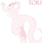  anthro arms_above_head back_muscles breasts butt claws female green_eyes hi_res horn kobold kurtassclear leg_muscles muscle_tone nipples nude red_body running simple_background sketch solo tail toe_claws tori_(lcut) white_background 