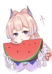  1girl :t blue_eyes commentary_request eating food fruit genshin_impact gloves highres long_hair nocknocktt pink_hair sangonomiya_kokomi simple_background solo thick_eyebrows watermelon white_gloves 