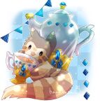  :d animal_focus artist_name blue_background brown_fur checkered_background commentary_request cup furret hanabusaoekaki no_humans pokemon pokemon_(creature) smile solid_oval_eyes tea teacup teapot two-tone_fur white_fur 