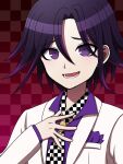  1boy :d black_hair breast_pocket checkered_background checkered_clothes checkered_scarf danganronpa_(series) danganronpa_10th_anniversary_costume danganronpa_v3:_killing_harmony hand_up highres jacket long_sleeves lower_teeth_only male_focus official_alternate_costume oma_kokichi open_clothes open_jacket pocket purple_eyes purple_hair purple_shirt red_background scarf shirt short_hair smile solo suiren_yurei teeth tongue white_jacket 