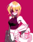  1girl armor armpits black_shirt blonde_hair blood blood_from_eyes blood_on_face breasts don_quixote_(limbus_company) gauntlets helmet highres limbus_company nonggang_1227 project_moon shirt short_hair smile solo yellow_eyes 