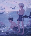  2boys barefoot bird black_hair brown_eyes cloud gon_freecss highres holding hunter_x_hunter kiko killua_zoldyck male_focus male_swimwear multiple_boys outdoors rock shorts sky spiked_hair squatting standing topless_male tupet water white_hair 