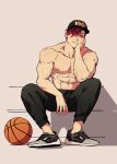  1boy abs alternate_costume ball bara baseball_bat basketball_(object) fate/grand_order fate_(series) full_body hair_over_one_eye highres looking_to_the_side male_focus mori_nagayoshi_(fate) muscular muscular_male navel nipples pectorals red_hair short_hair sideways_glance sitting solo spread_legs stomach taippen thick_eyebrows topless_male veins veiny_arms yellow_eyes 
