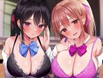  2girls :o absurdres arm_support black_bra black_hair blue_bow blue_bowtie blurry blurry_background blush bow bowtie bra breasts brown_hair chair chalkboard classroom cleavage collarbone desk hair_between_eyes hair_ribbon highres lace-trimmed_bra lace_trim large_breasts long_hair long_sleeves looking_at_viewer multiple_girls non-web_source on_desk open_clothes open_mouth open_shirt original parted_lips purple_bow purple_bowtie purple_bra purple_eyes red_eyes ribbon rouka_(akatyann) school_chair school_desk school_uniform shirt sidelocks sitting sitting_on_desk smile take_your_pick underwear upper_body whispering white_shirt 