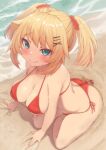  1girl akai_haato aqua_eyes bikini blonde_hair blush breasts cleavage closed_mouth commentary_request from_above full_body haaton_(akai_haato) hair_ornament heart heart_hair_ornament highres hololive large_breasts navel ocean red_bikini sitting smile swimsuit two_side_up virtual_youtuber x_hair_ornament zeolch 