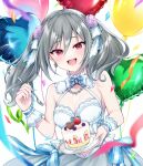  1girl balloon bare_shoulders blueberry bow breasts cake cleavage confetti dress earrings flower food fruit grey_hair hair_bow hair_flower hair_ornament heart_balloon holding holding_plate idolmaster idolmaster_cinderella_girls jewelry kanzaki_ranko long_hair looking_at_viewer medium_breasts mikoto0x0 necklace open_mouth pink_eyes plate purple_flower purple_rose rose sleeveless sleeveless_dress smile solo strawberry twintails white_bow white_dress wrist_cuffs 