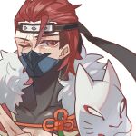  1boy fire_emblem fire_emblem_fates fire_emblem_heroes fox_mask fur_trim headband highres mask mouth_mask nikomi0724 ninja ninja_mask official_alternate_costume one_eye_closed red_eyes red_hair saizo_(fire_emblem) saizo_(ninja)_(fire_emblem) scar scar_across_eye solo unworn_mask 