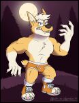  anthro avery_(vir-no-vigoratus) blonde_hair blue_eyes briefs brown_nose bulge canid canine canis claws clothed clothing colored_seam_underwear domestic_dog eyebrows footwear fur gums_(mouth) hair herding_dog light male mammal moonlight muscular muscular_male night open_mouth orange_body orange_briefs orange_clothing orange_footwear orange_fur orange_shoes orange_sneakers orange_underwear outside pastoral_dog pawpads pink_pawpads plant purple_sky sharp_teeth shoes sneakers socks solo tan_body tan_fur teeth thick_eyebrows toeless_footwear toeless_shoes toeless_socks topless tree underwear vir-no-vigoratus welsh_corgi were werecanid werecanine werewolf white_clothing white_footwear white_seam_briefs white_seam_underwear white_socks yellow_teeth 
